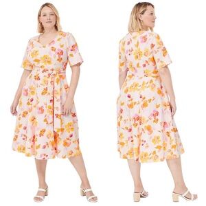 Lane Bryant Dress Womens Size 22 Yellow Pink Midi Floral V-Neck Pockets Lena NWT